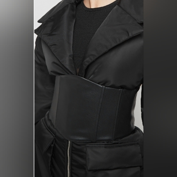 Maniere De Voir Black Puffer Jacket with Corset Detail - Picture 2 of 11